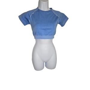 Blue Ribbed Crop Top Short Sleeve Y2K Streetwear Athleisure Stretch Sz‎ M